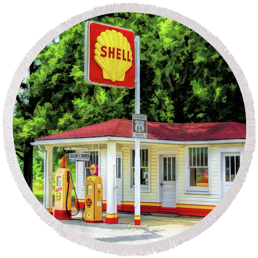 Route 66 Round Beach Towel featuring the painting Route 66 Soulsby Service Station by Christopher Arndt