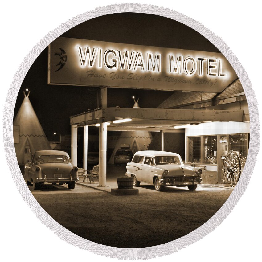 Tee Pee Round Beach Towel featuring the photograph Route 66 - Wigwam Motel by Mike McGlothlen
