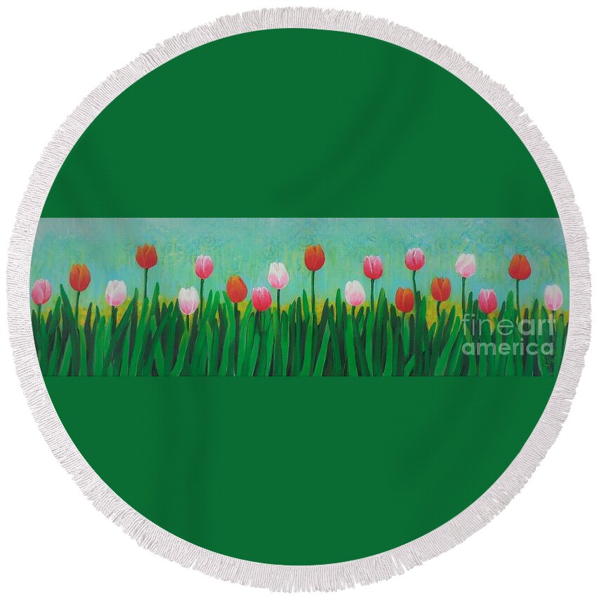 Tulips Round Beach Towel featuring the painting Row of tulips by Cami Lee