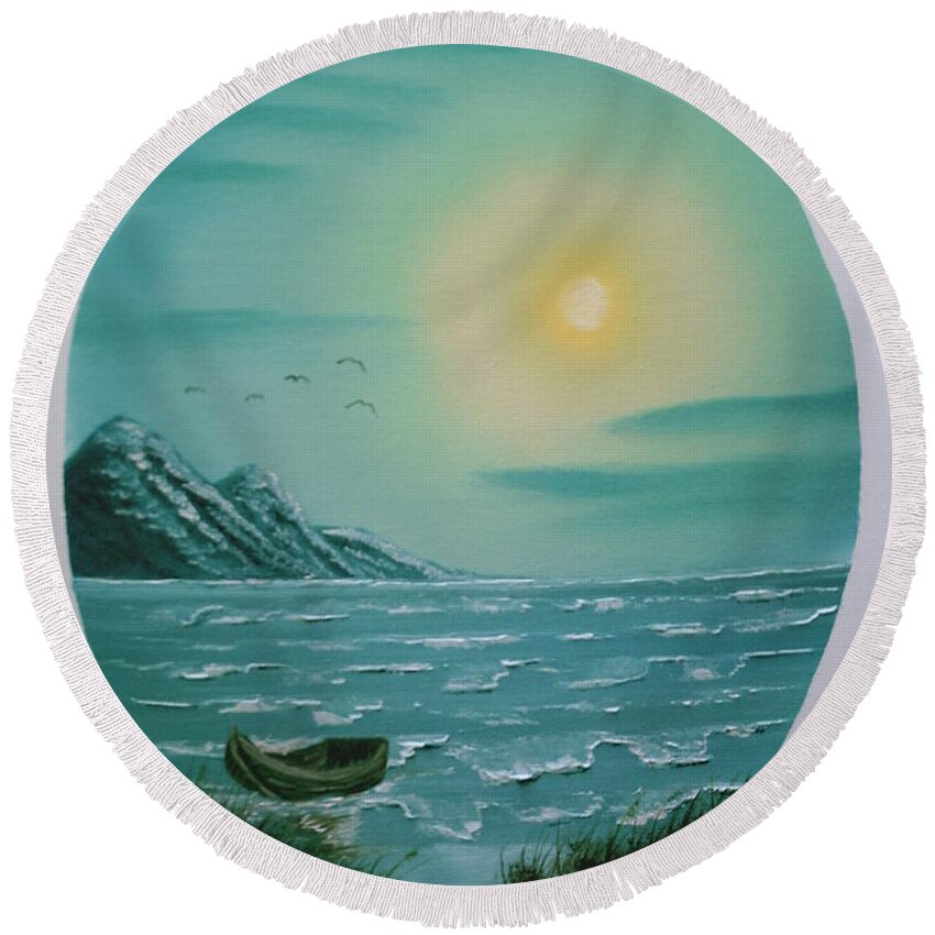 Seascape Round Beach Towel featuring the painting Rowboat by Jim Saltis