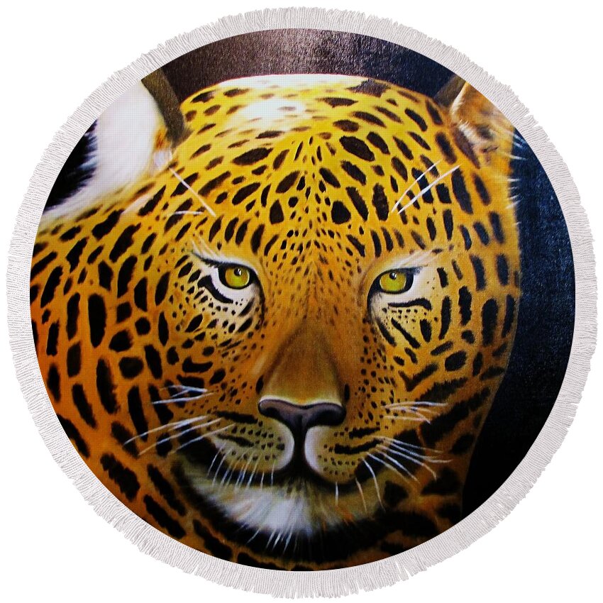 Leopard Round Beach Towel featuring the painting Rowdy by Gene Gregory