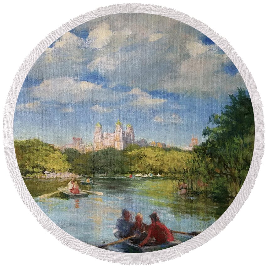 Urban Landscape Paintings Round Beach Towel featuring the painting Rowing on The Lake, Central Park by Peter Salwen