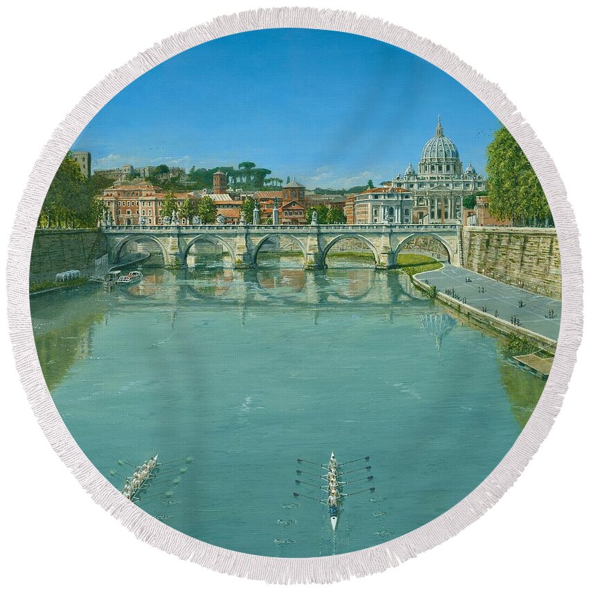 Landscape Round Beach Towel featuring the painting Rowing on the Tiber Rome by Richard Harpum