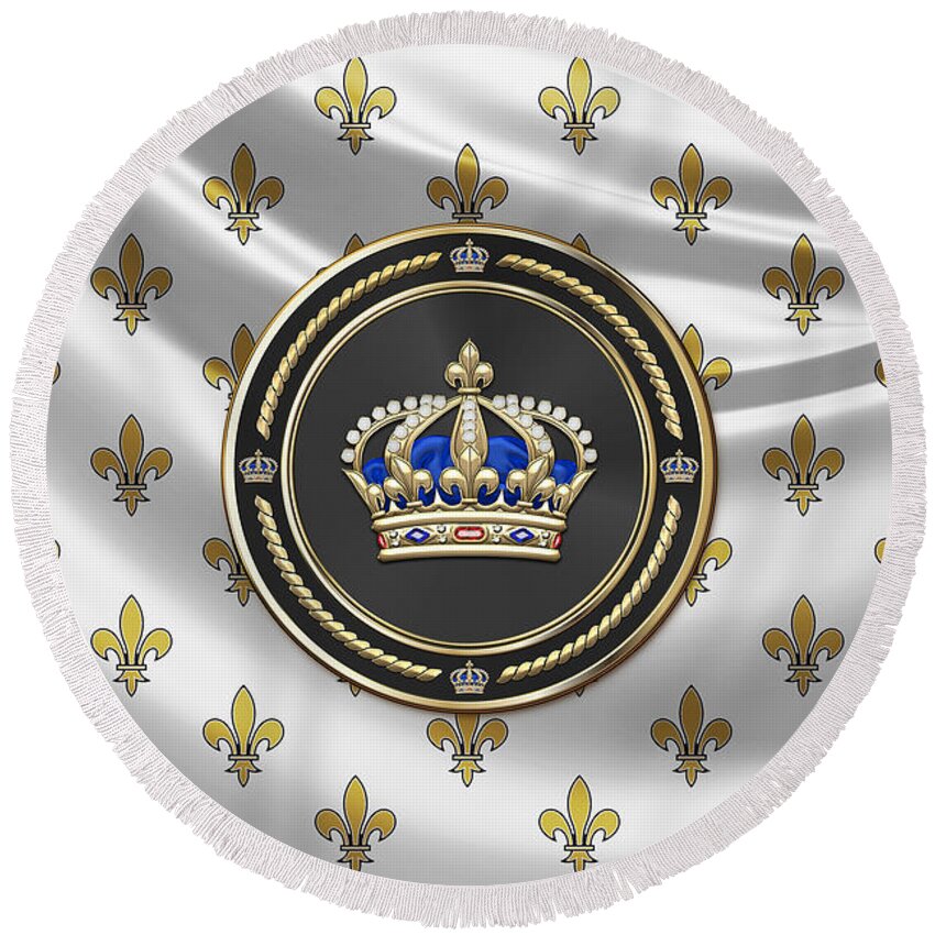 'royal Collection' By Serge Averbukh Round Beach Towel featuring the digital art Royal Crown of France over Royal Standard by Serge Averbukh
