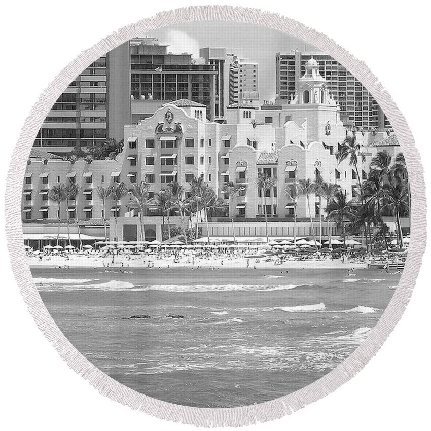 Black And White Round Beach Towel featuring the photograph Royal Hawaiian Hotel - Waikiki by Mary Deal