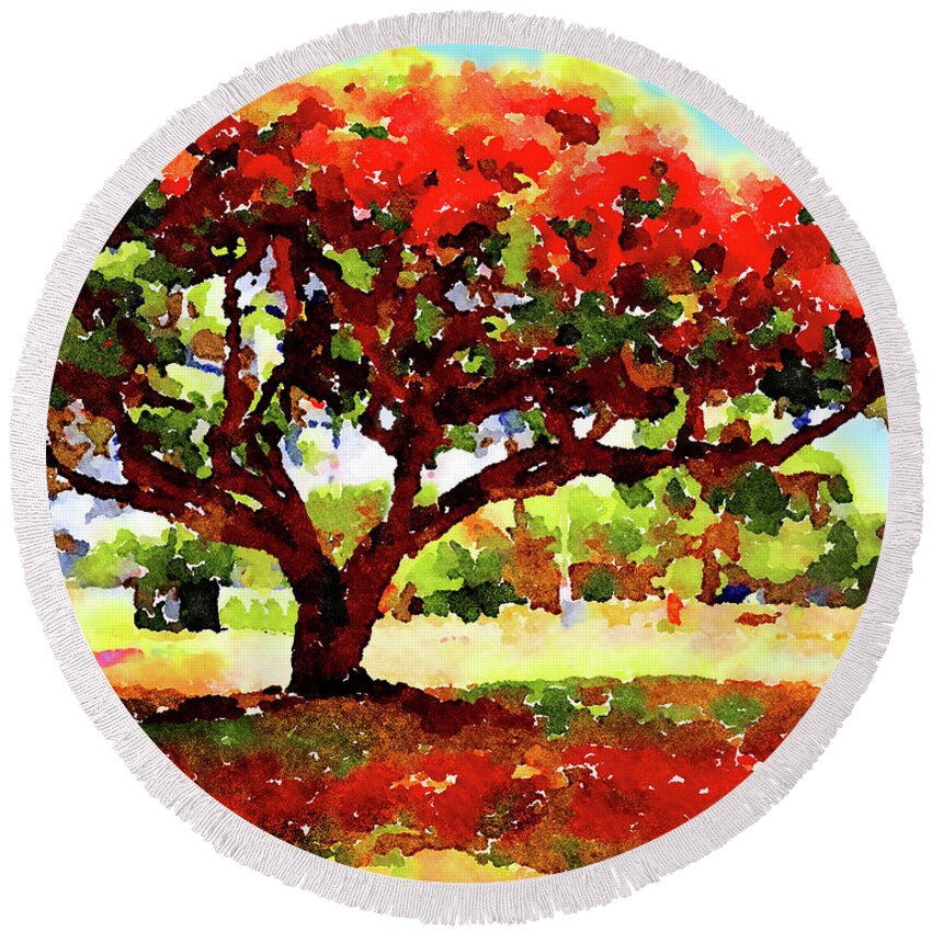 Poinciana Round Beach Towel featuring the painting Royal Red by Angela Treat Lyon