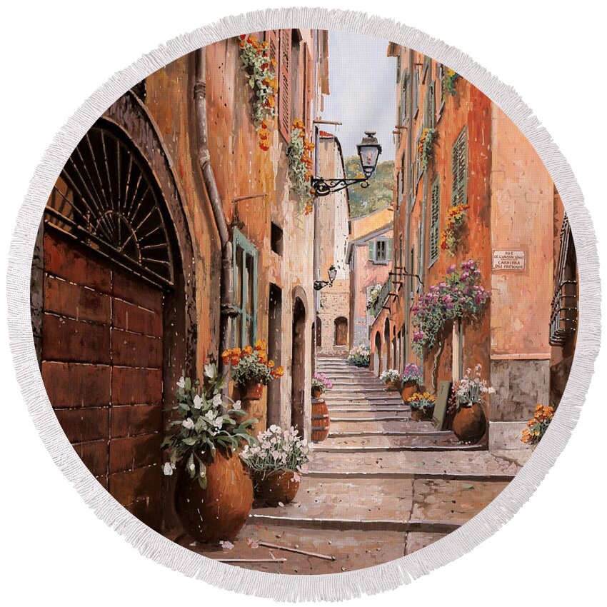 Rue Round Beach Towel featuring the painting rue Malonat in Nice by Guido Borelli