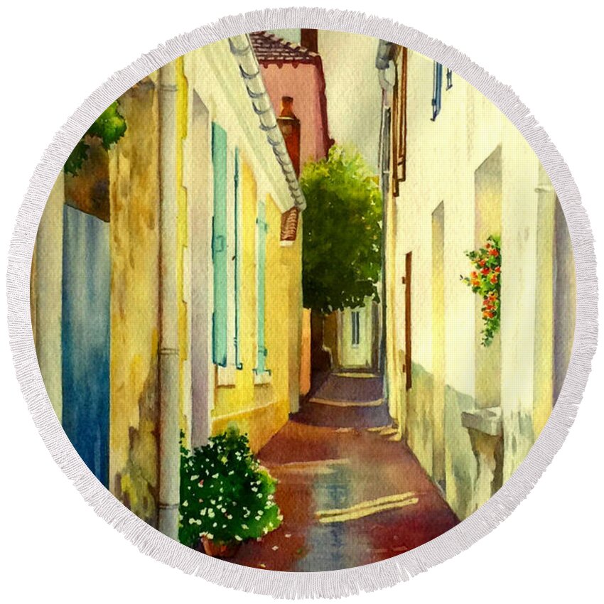 Rue Round Beach Towel featuring the painting Ruelle - La Chaume - Vendee - France by Francoise Chauray