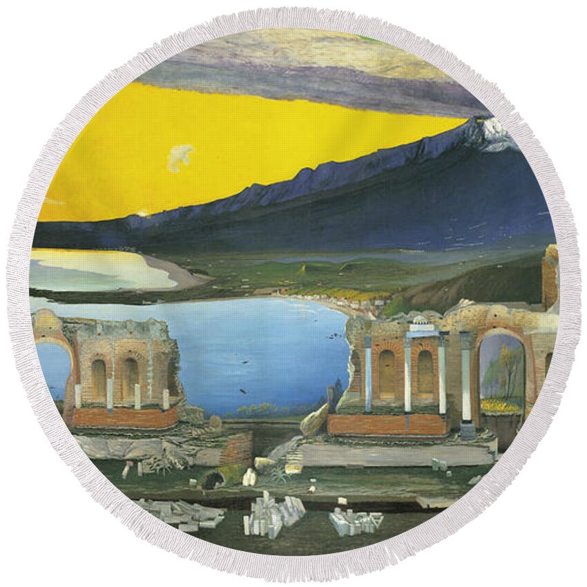 19th Century Art Round Beach Towel featuring the painting Ruins of the Greek Theatre at Taormina by Tivadar Csontvary Kosztka