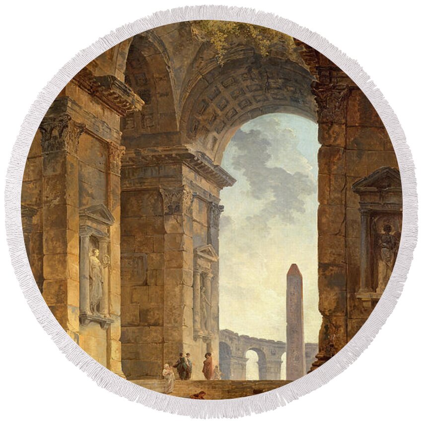 Hubert Robert Round Beach Towel featuring the painting Ruins with an Obelisk in the Distance  by Hubert Robert