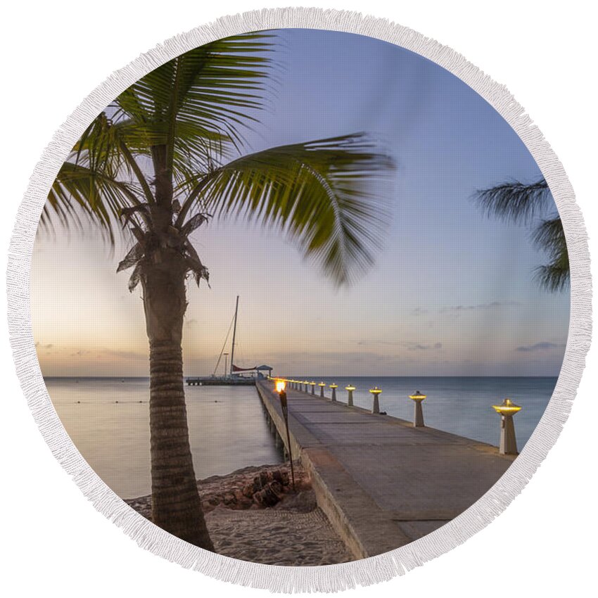 3scape Round Beach Towel featuring the photograph Rum Point Pier at Sunset by Adam Romanowicz