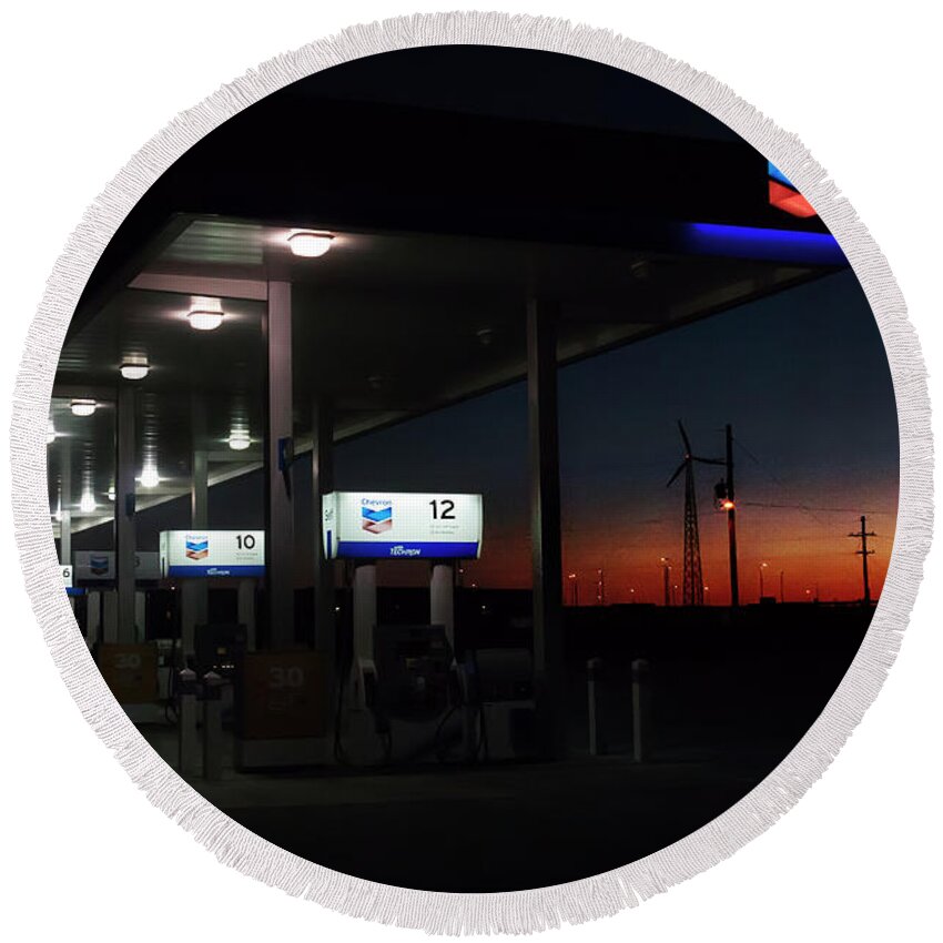 Filling Station Round Beach Towel featuring the photograph Running, to make the day last a little longer by Micah Offman