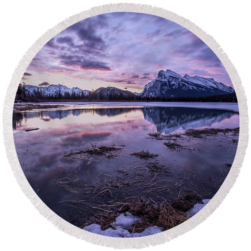 Alberta Round Beach Towel featuring the photograph Rundle Mountain Skies by Celine Pollard