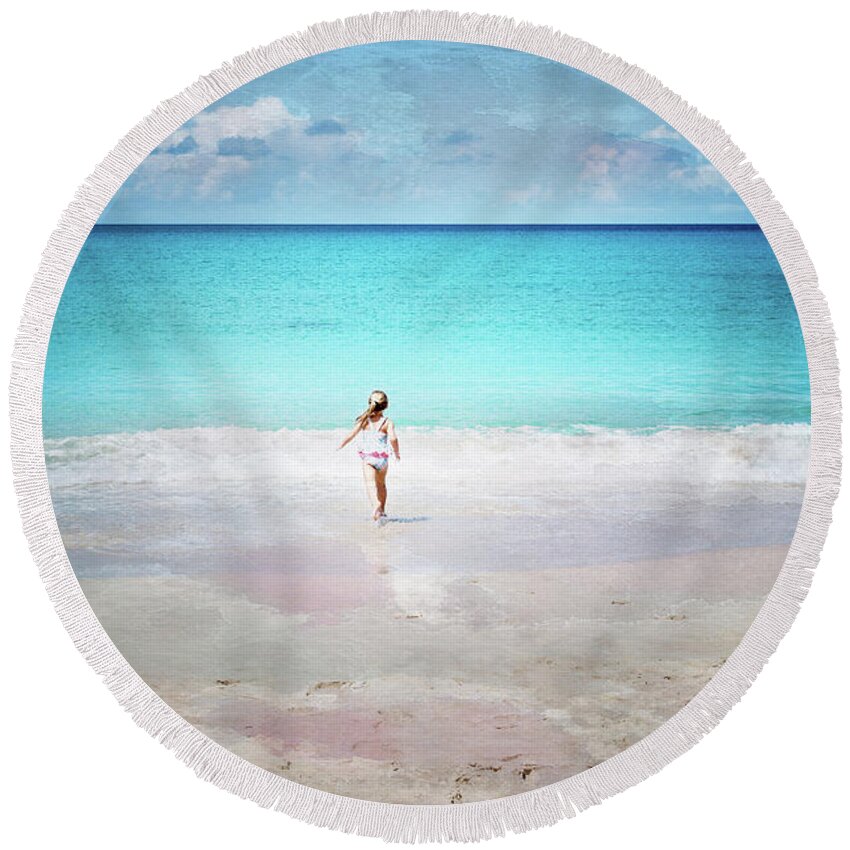Girl Round Beach Towel featuring the digital art Running to the Sea by Betty LaRue