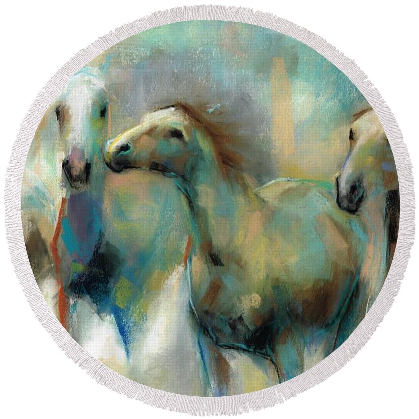 Equine Art Round Beach Towel featuring the painting Running With The Palominos by Frances Marino