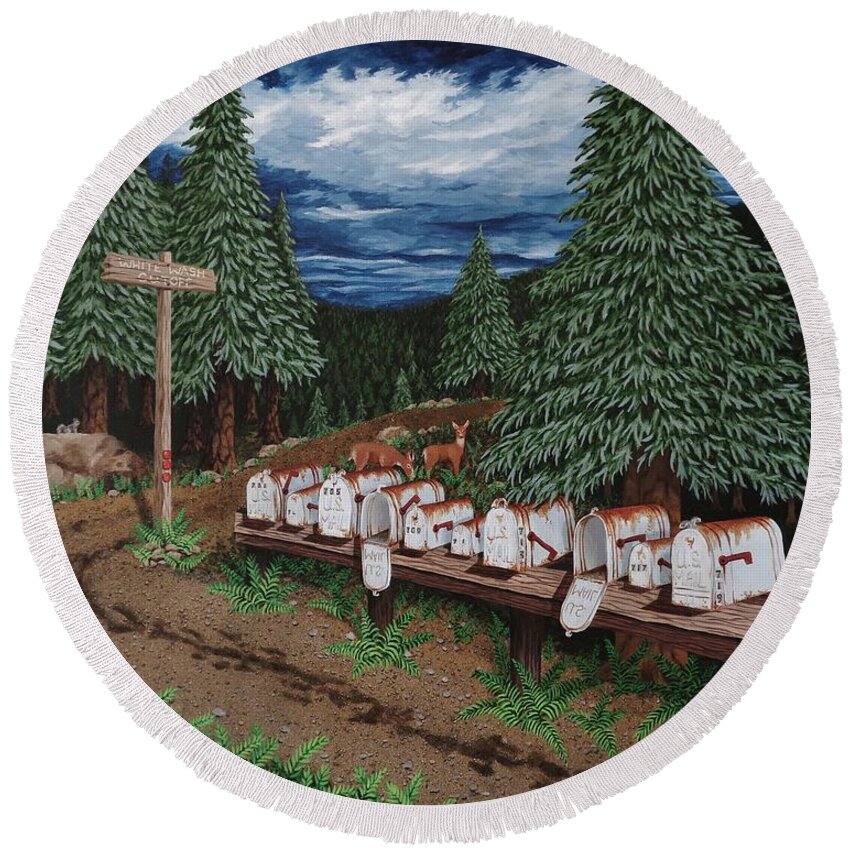 Forest Round Beach Towel featuring the painting Rural Delivery by Katherine Young-Beck