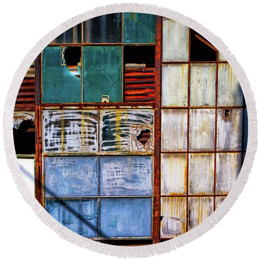 Delapidated Warehouse Round Beach Towel featuring the photograph Rusted Broken and Worn by Doug Sturgess