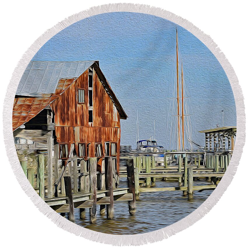 Art Round Beach Towel featuring the painting Rusted But Still Standing In Apalachicola by DB Hayes