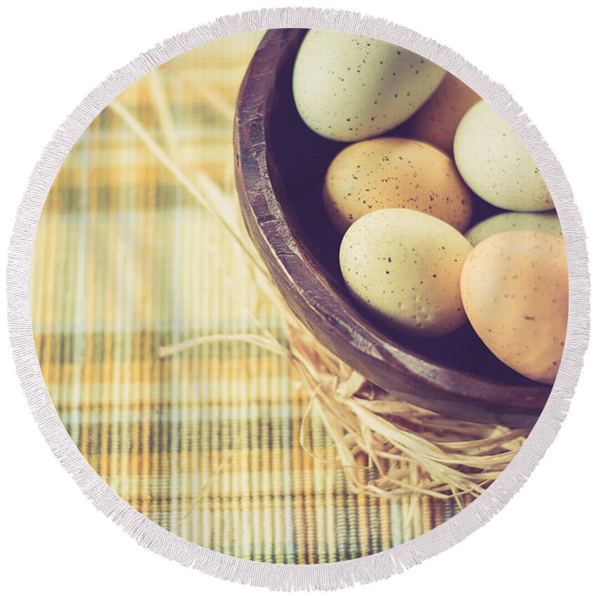 Cheryl Baxter Photography Round Beach Towel featuring the photograph Rustic Eggs by Cheryl Baxter