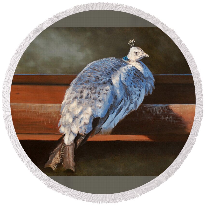 Oil Round Beach Towel featuring the painting Rustic Elegance - White Peahen by Linda Merchant
