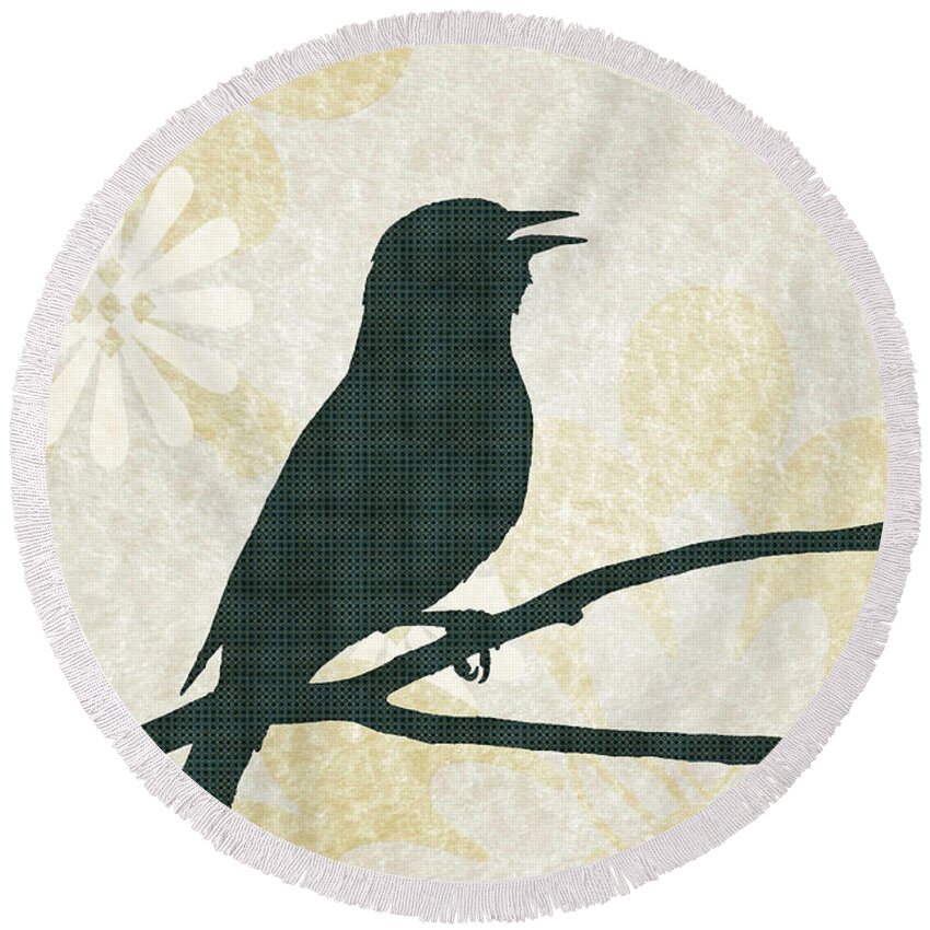Bird Silhouette Round Beach Towel featuring the mixed media Rustic Green Bird Silhouette by Christina Rollo