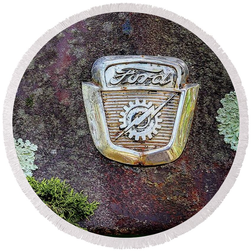 Ford Round Beach Towel featuring the photograph Rusting Classic Ford by Patrice Zinck