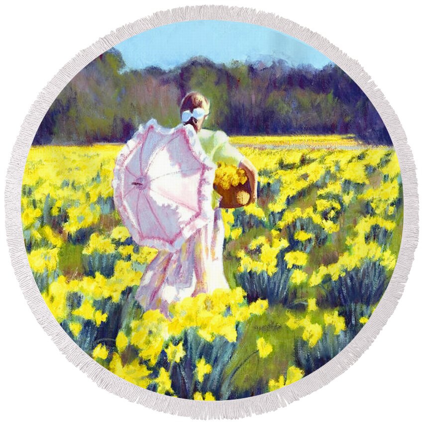 Daffodil Round Beach Towel featuring the painting Rustling the Daffodils by Candace Lovely