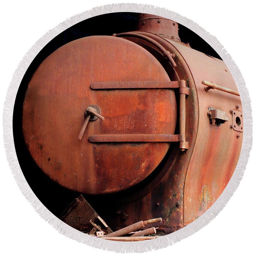 Locomotive Round Beach Towel featuring the photograph Rusty Abandoned Steam Locomotive by Philip Openshaw