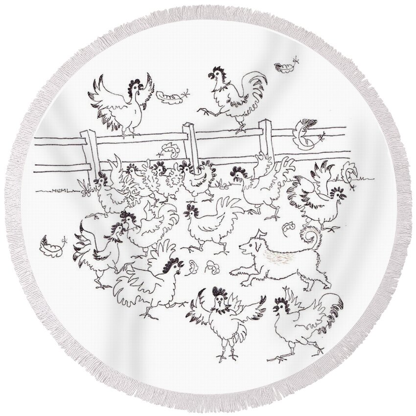 Stonefileld Round Beach Towel featuring the drawing Rusty and the Chickens by Mary Ellen Mueller Legault