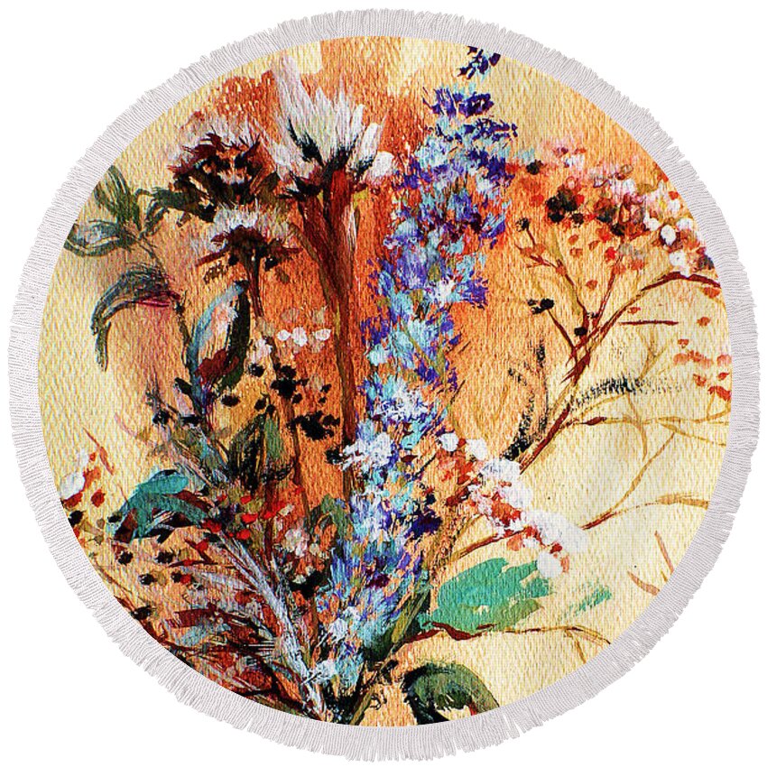 Dry Flowers Round Beach Towel featuring the painting Rusty Arrangement by Linda Shackelford