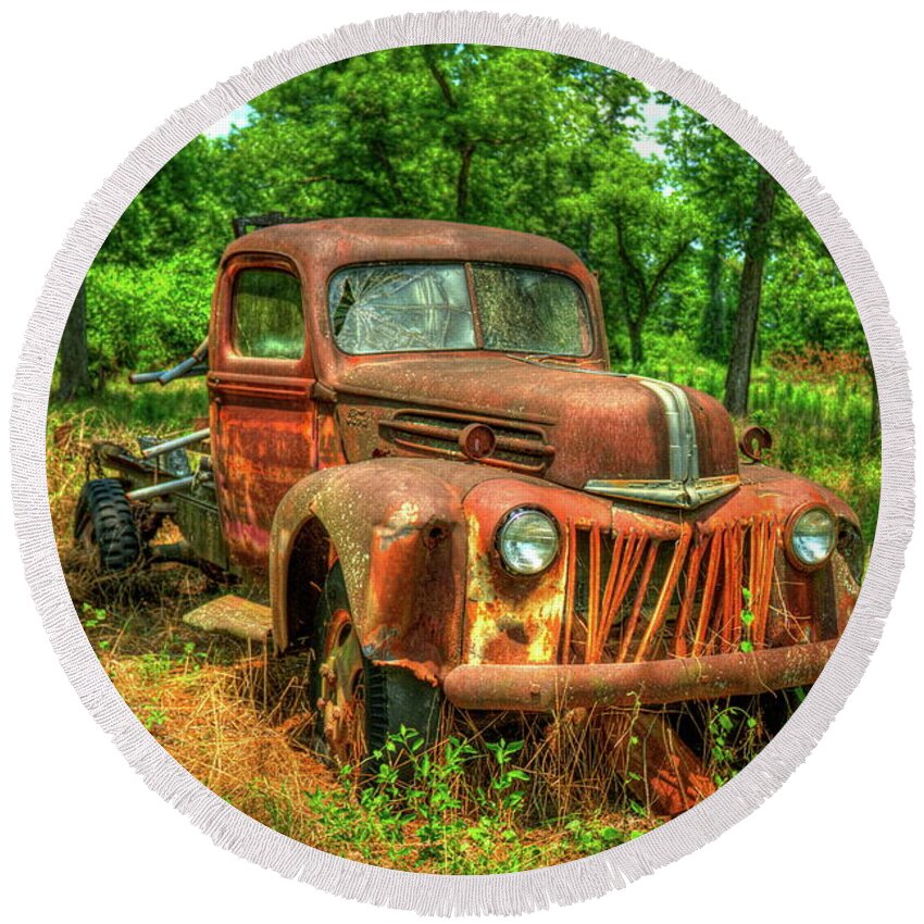 Reid Callaway Rusty Gold Round Beach Towel featuring the photograph Rusty Gold 1947 Ford Stakebed Truck Art by Reid Callaway
