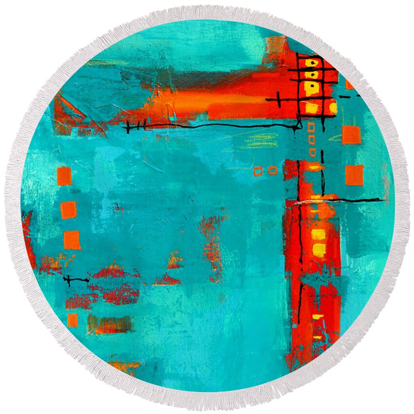 Turquoise Abstract Round Beach Towel featuring the painting Rusty by Nancy Merkle