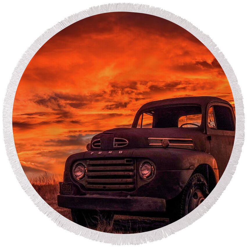 1948 Round Beach Towel featuring the photograph Rusty Truck Sunset by Dawn Key
