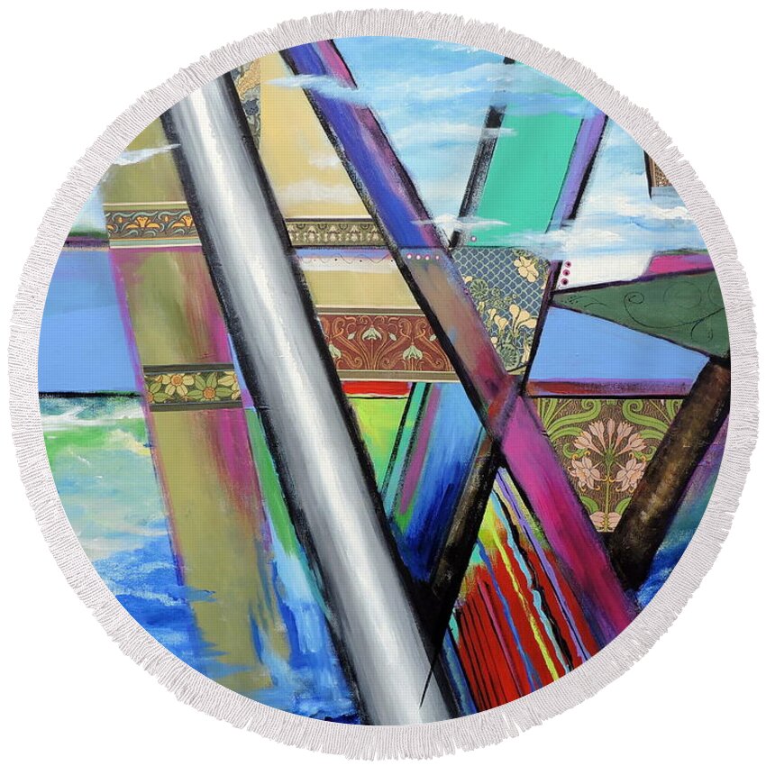 Abstract Round Beach Towel featuring the mixed media S/he Bridges by Jodie Marie Anne Richardson Traugott     aka jm-ART
