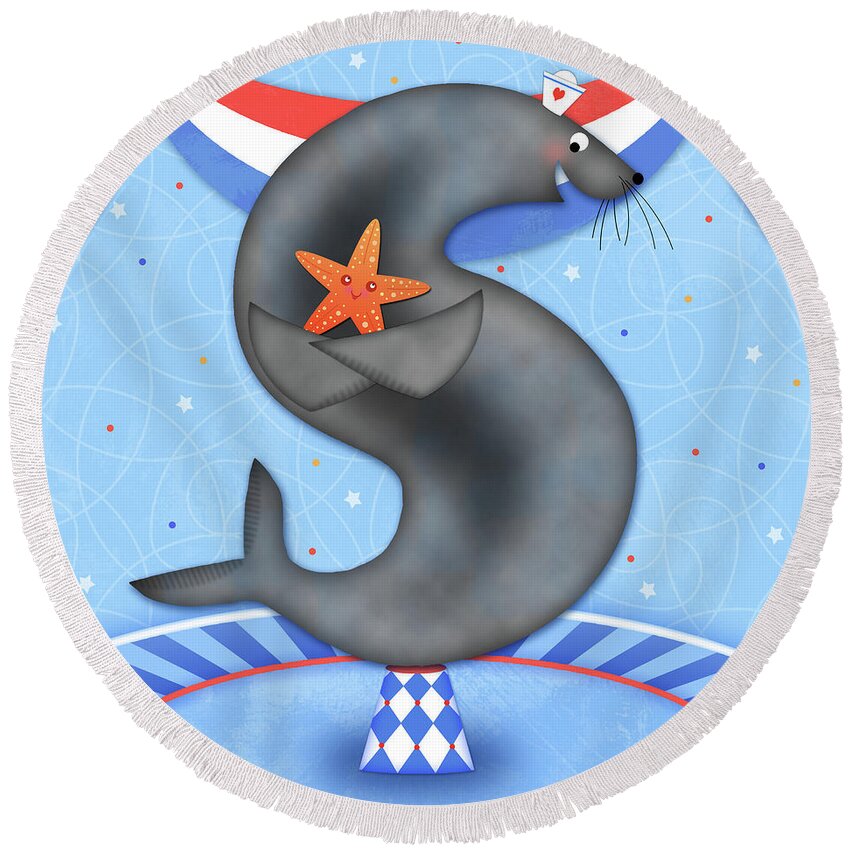 Letter S Round Beach Towel featuring the digital art S is for Seal and Starfish by Valerie Drake Lesiak