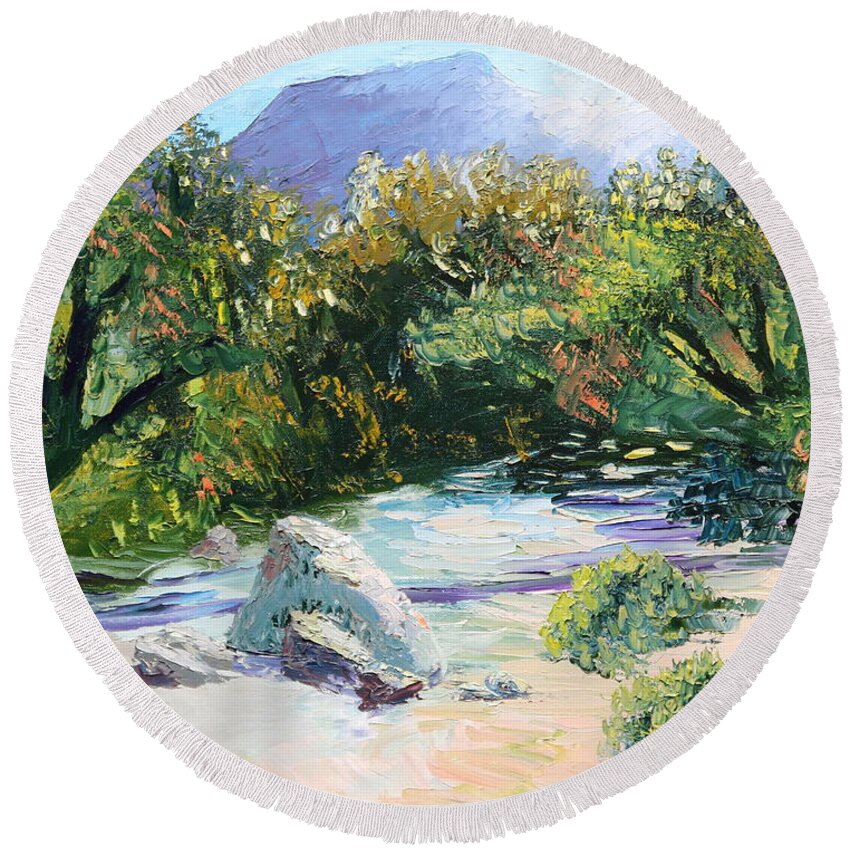 Landscape Round Beach Towel featuring the painting Sabino Canyon in the morning by Madeleine Shulman