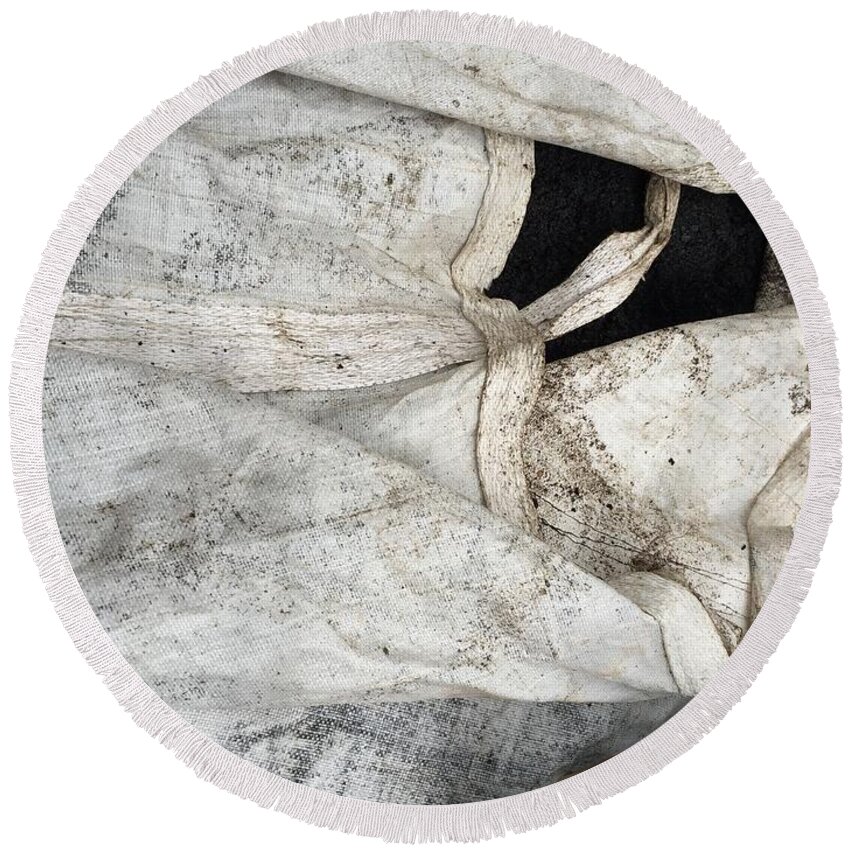 Black And White Composition Gritty Round Beach Towel featuring the photograph Sacks of Soil 1-1 by J Doyne Miller