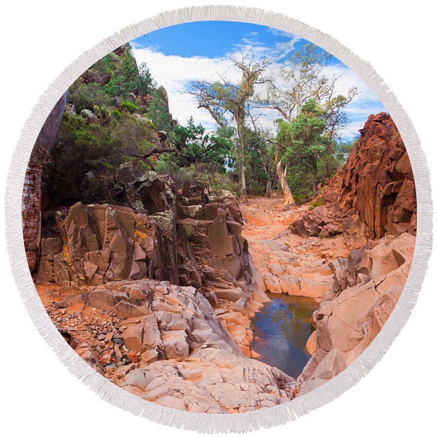 Sacred Canyon Flinders Ranges South Australia Australian Landscape Landscapes Outback Gum Trees Tree Water Erosion Round Beach Towel featuring the photograph Sacred Canyon by Bill Robinson