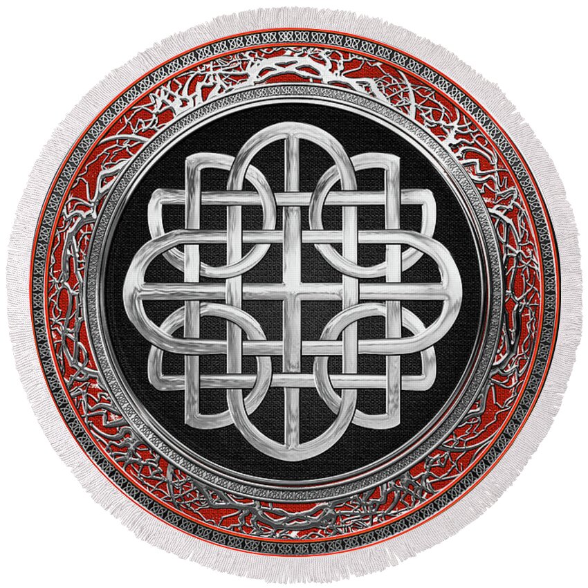 ‘celtic Treasures’ Collection By Serge Averbukh Round Beach Towel featuring the digital art Sacred Celtic Silver Knot Cross over Red Velvet by Serge Averbukh