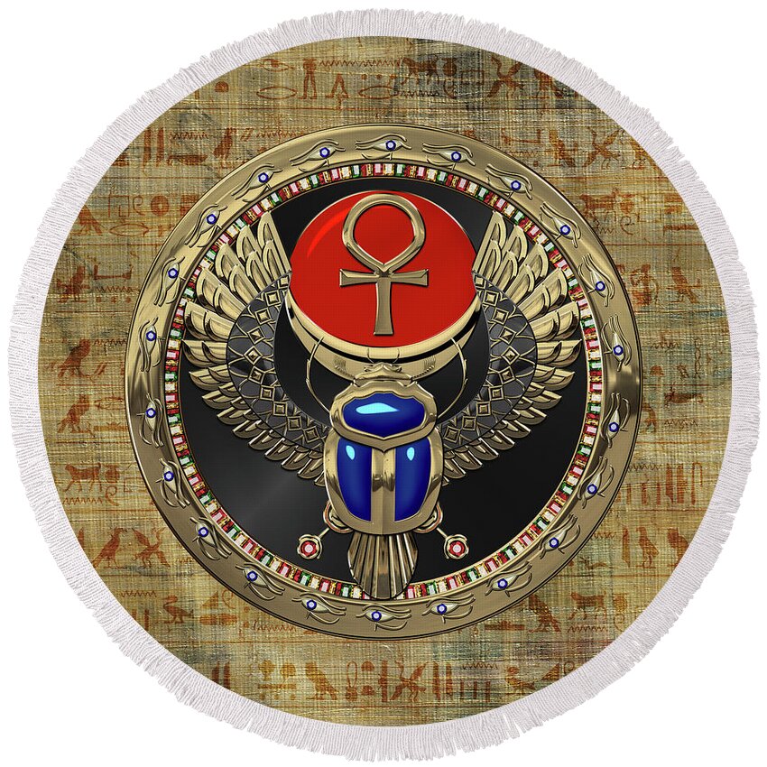 ‘treasures Of Egypt’ Collection By Serge Averbukh Round Beach Towel featuring the digital art Sacred Egyptian Winged Scarab with Ankh in Gold and Gems over Papyrus Covered with Hieroglyphics by Serge Averbukh