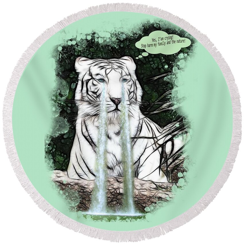 White Tiger Round Beach Towel featuring the painting Sad White Tiger Typography by Georgeta Blanaru