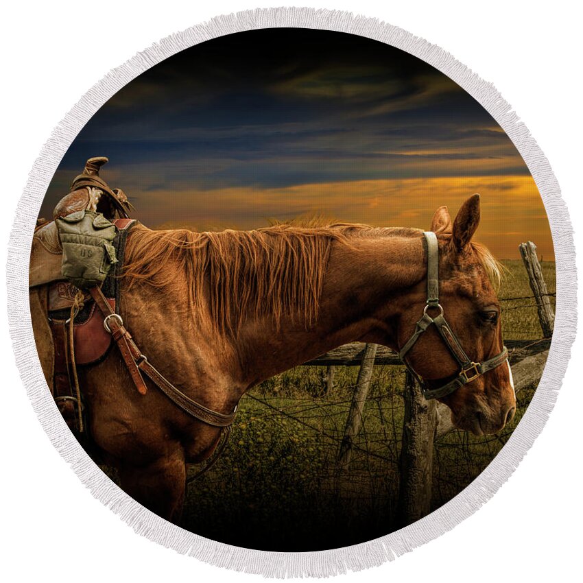 Saddle Round Beach Towel featuring the photograph Saddle Horse on the Prairie by Randall Nyhof