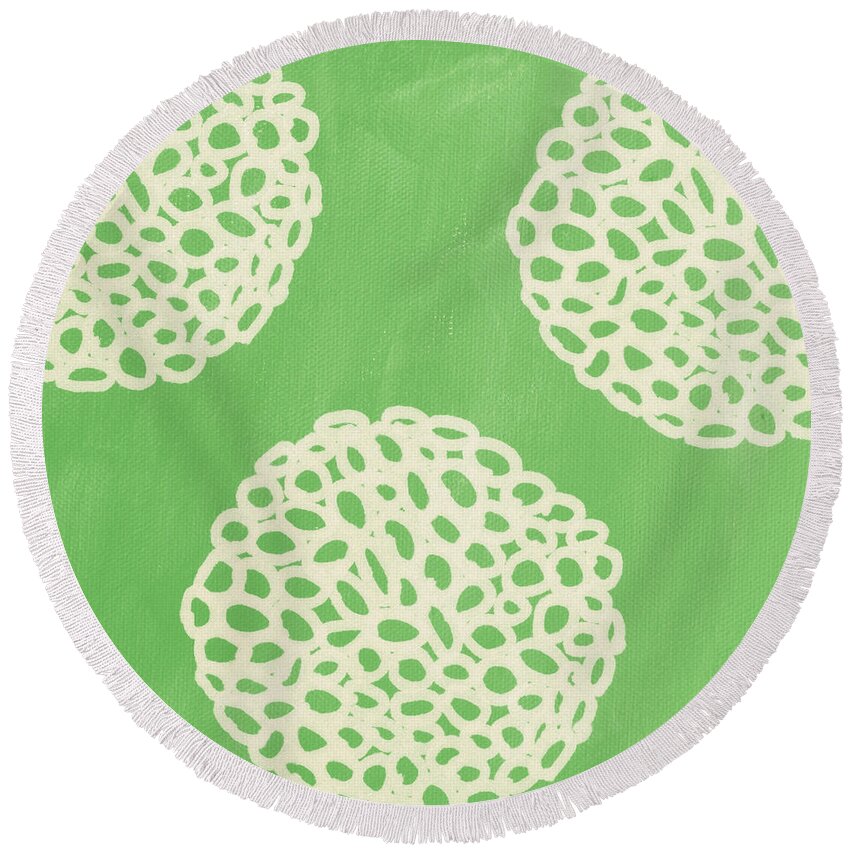 Sagegreen White Doodle Painting Abstract Ball Poof pottery Barn Style crate And Barrel Style west Elm Style ikea Style Pattern Dandelion Round Beach Towel featuring the painting Sage Garden Bloom by Linda Woods