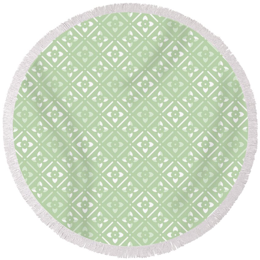 Green Round Beach Towel featuring the digital art Sage Green Floral Print by Inspired Arts