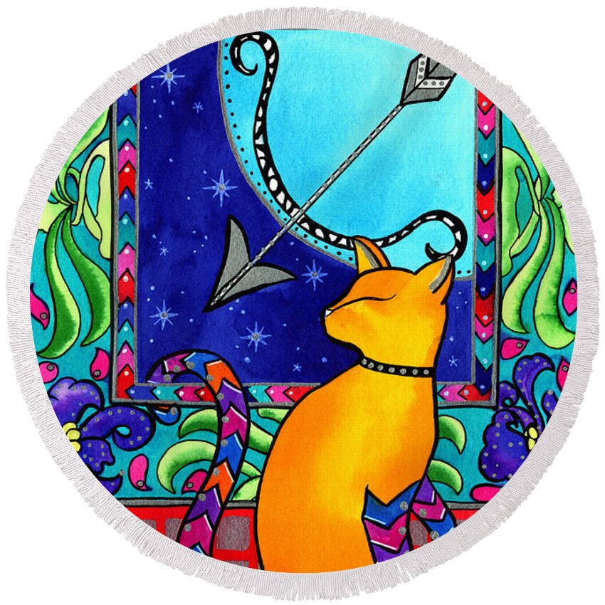 Cat Round Beach Towel featuring the painting Sagittarius Cat Zodiac by Dora Hathazi Mendes