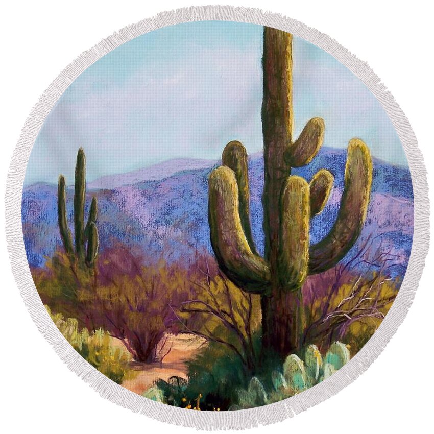 Saguaro Round Beach Towel featuring the pastel Saguaro by Candy Mayer