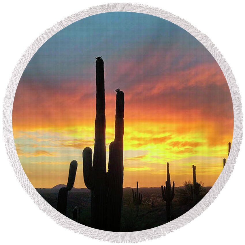 Anthony Citro Photography Round Beach Towel featuring the photograph Saguaro Sunset by Anthony Citro