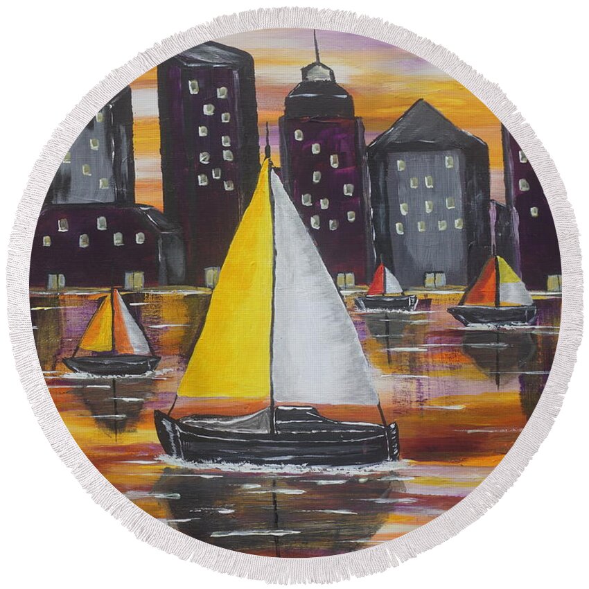 Landscape Round Beach Towel featuring the painting Sail On by Jimmy Clark