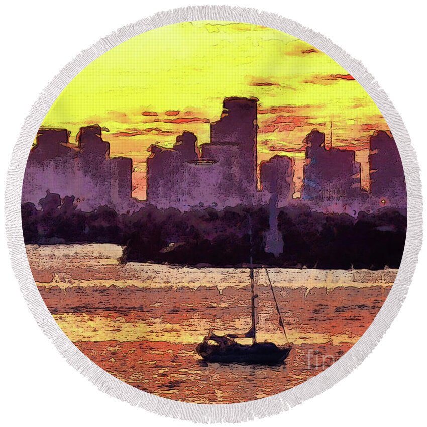 Miami Round Beach Towel featuring the photograph Sailboat Anchored For The Night by Phil Perkins
