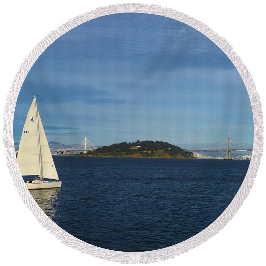 Sailboat And Bridge Round Beach Towel featuring the photograph Sailboat and Bridge by Warren Thompson